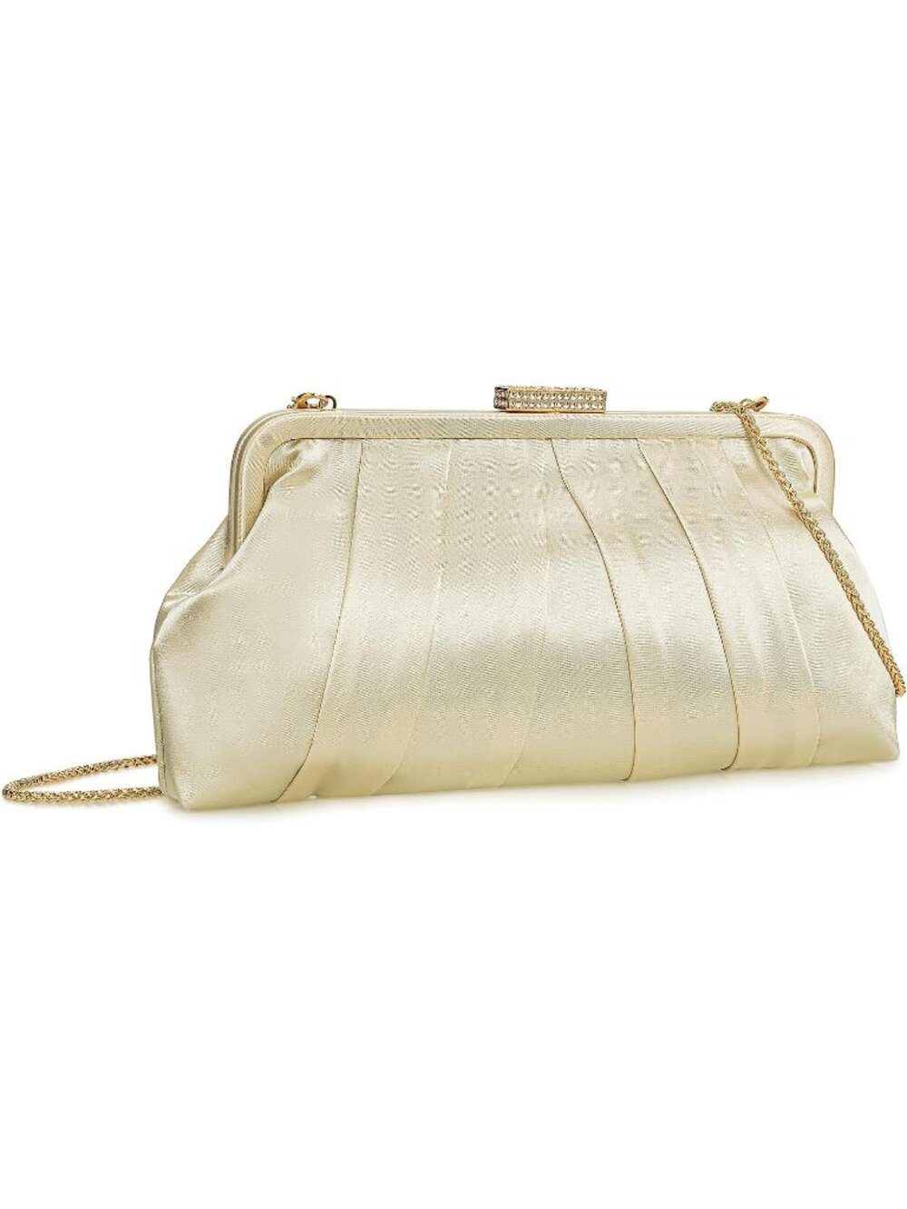 Womens Light Gold Classic Pleated Satin Clutch Purse Diamante Formal Evening Bag